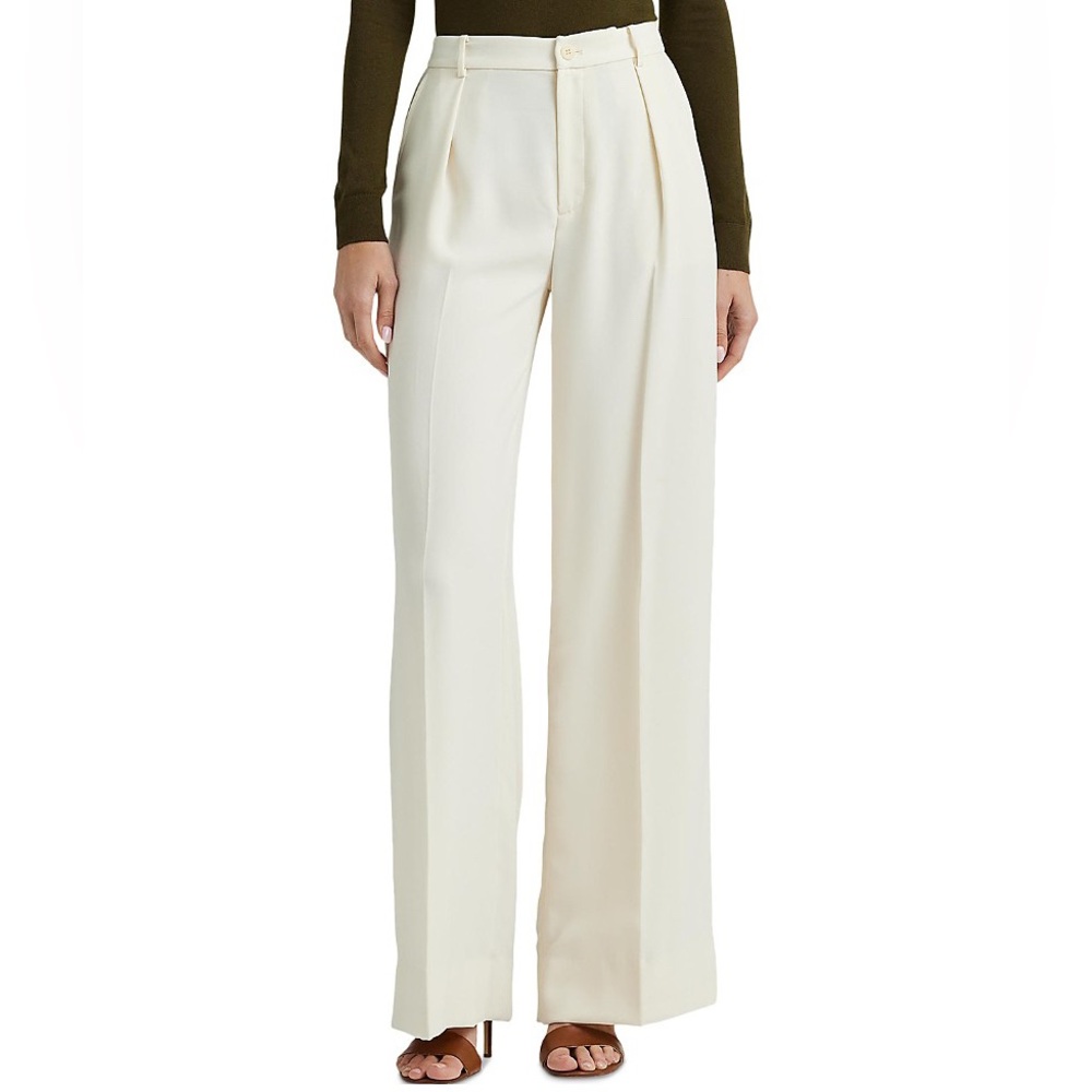 NWT Ralph Lauren High Rise Pleated Front Wide-Leg Cream Trousers 12 Quiet Luxury - Picture 2 of 16